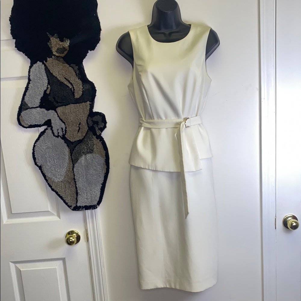 White House Black Market Cream Peplum Sheath Midi Dress Belted Size 6